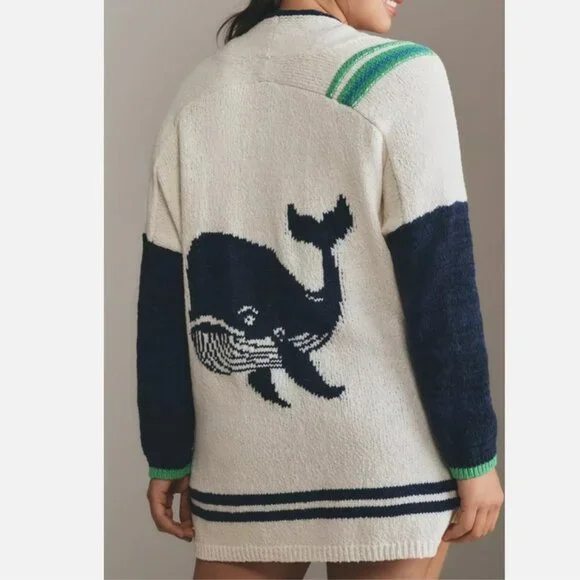 Anthropologie Maeve Nautical Buoy Cardigan Sweater Whale Seahorse S M NWT